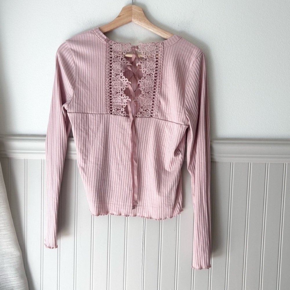 American Rag Size Medium Light Pink Ribbed Long Sleeve Top Corset Back